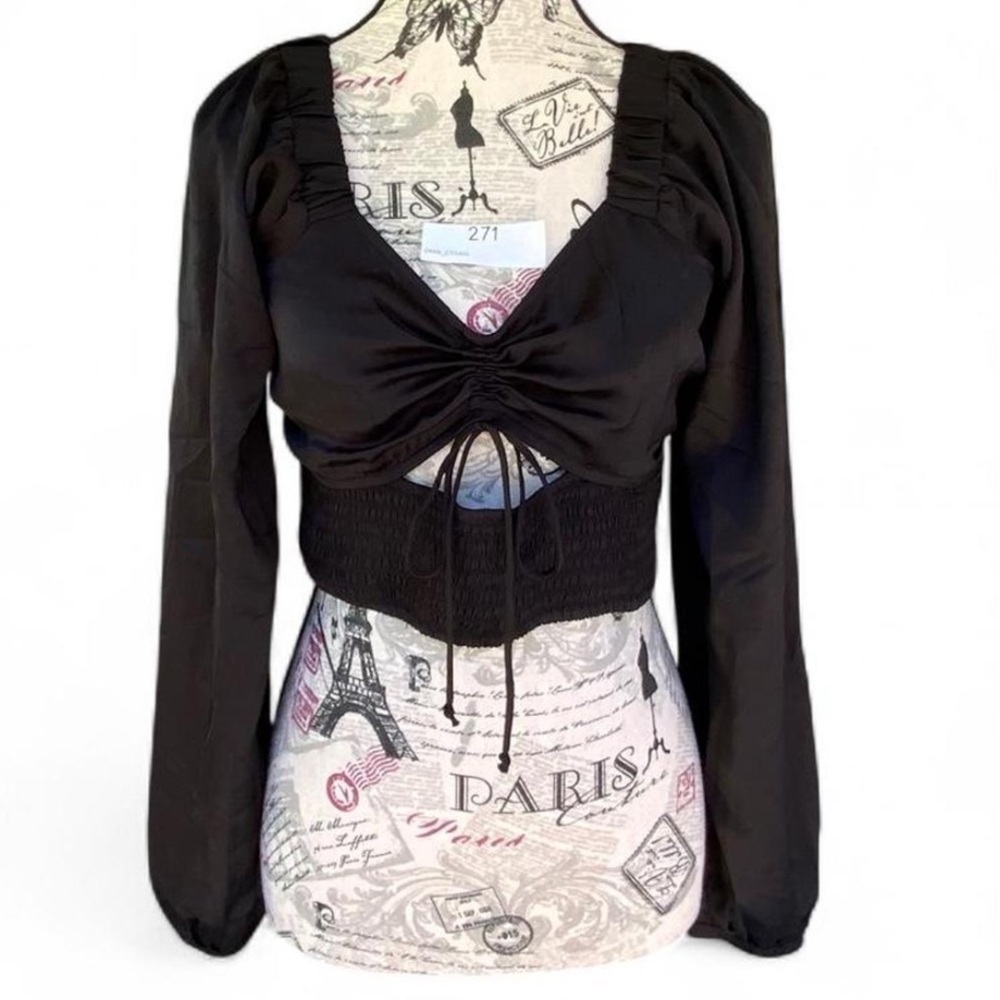 AE Satin Ruched Crop Top w/ Front Cutout • Smocked Waist • Black • NWT S